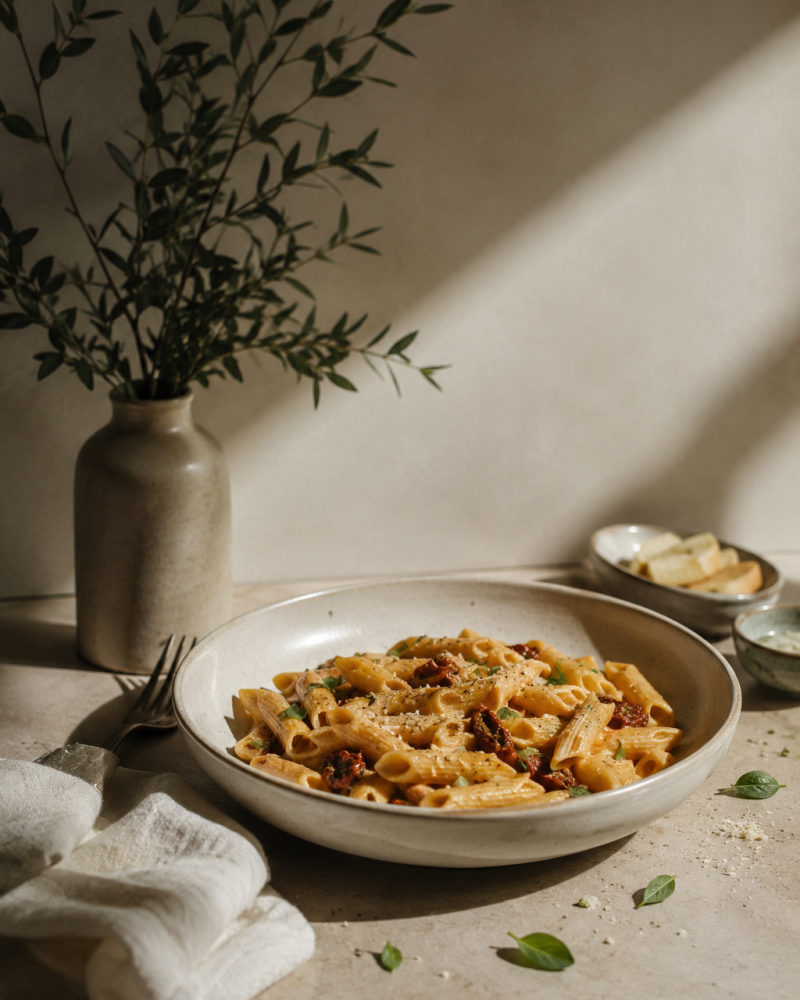 Kreemine kana-päikesekuivatatud tomati penne