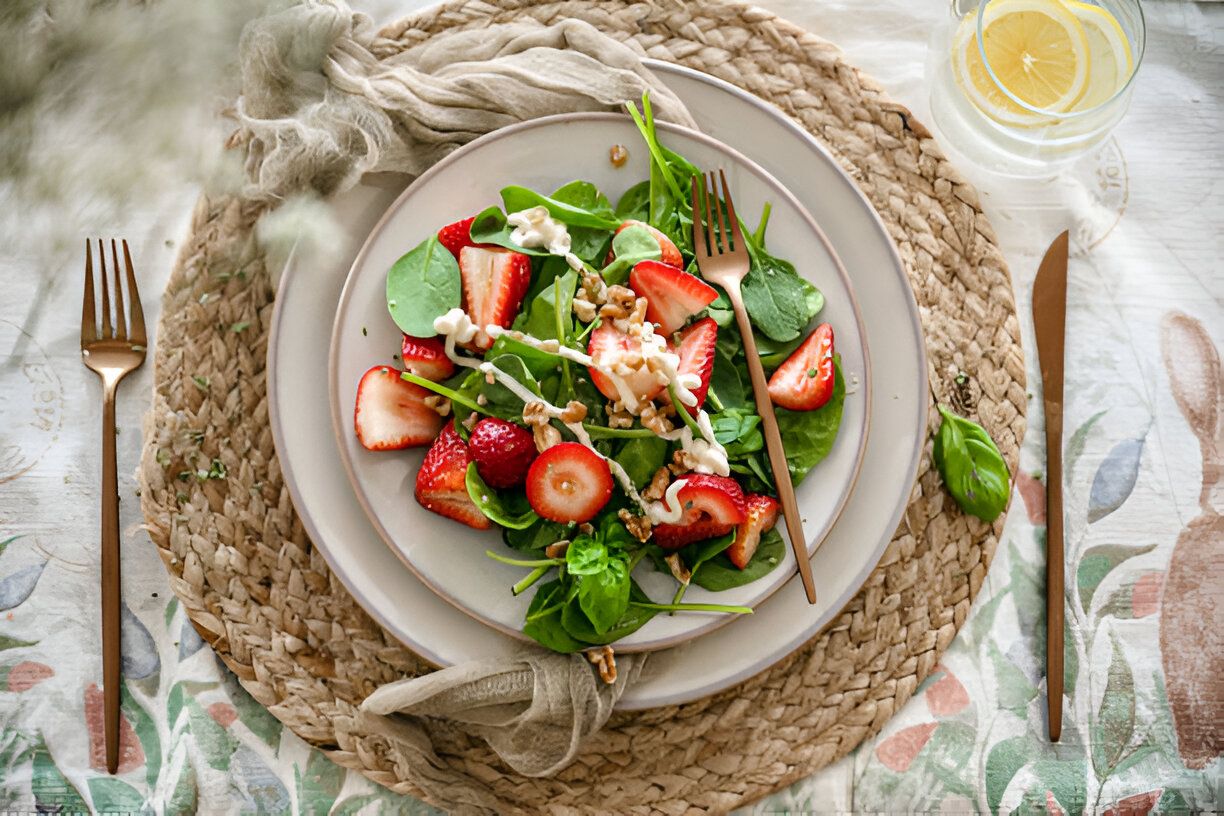 Roheline salat maasikate, pähklite ja jogurtikastmega
