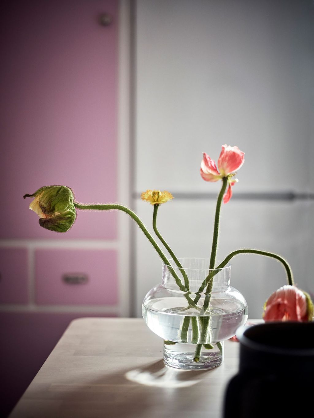 Julge sammuna kasutatud köögimööblil pastelset roosat 
